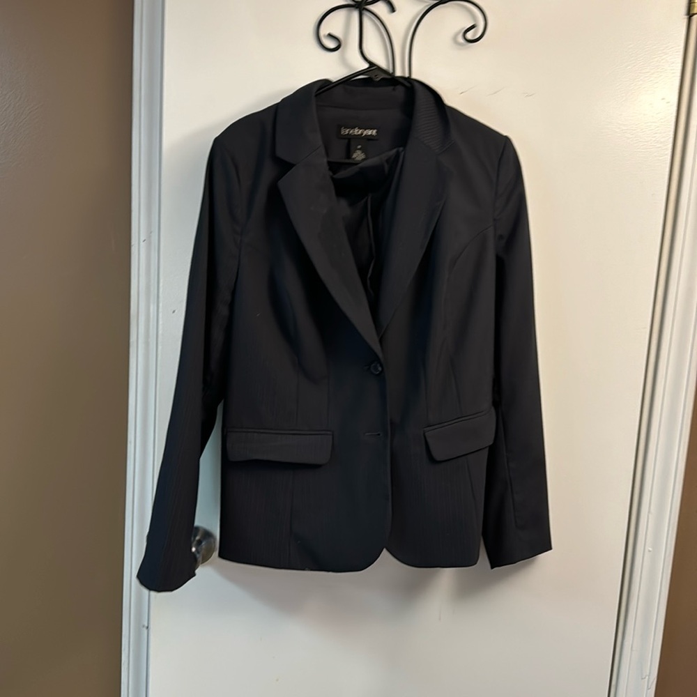 Navy blue pinstriped blazer.